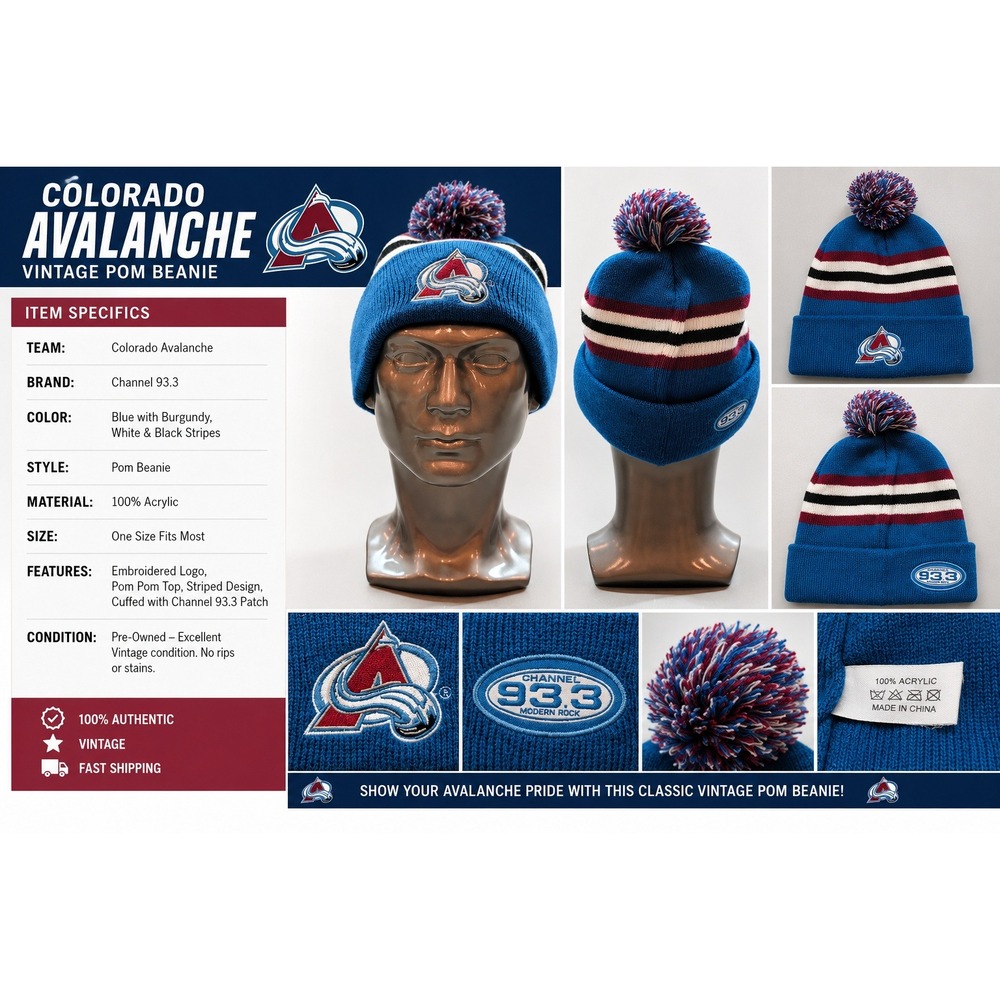 Colorado Avalanche‎ NHL Blue Knit Beanie Pom Hat Channel 93.3 Modern Rock Promo